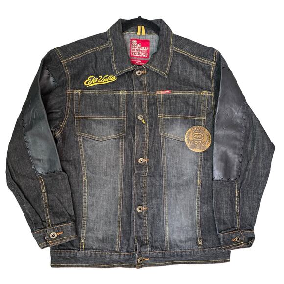 ECKO 1972 Unlimited Denim Jean Jacket Mens Large Black Leather Logo Embroidered - Picture 1 of 15